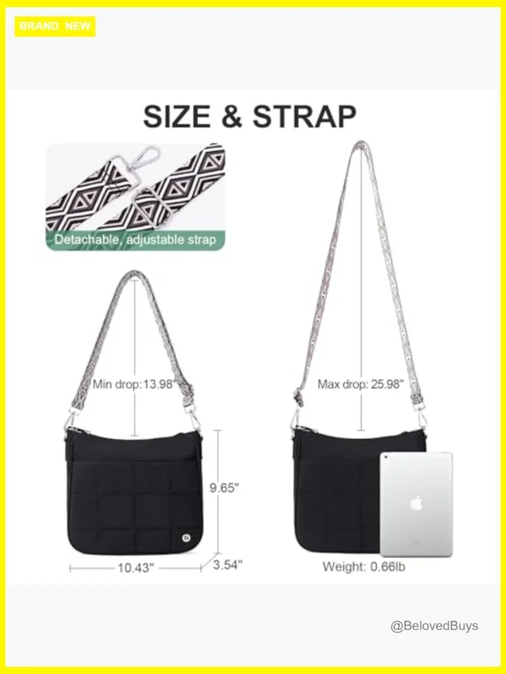 Lightweight Quilted Puffer Crossbody Hobo Bag with Guitar Strap